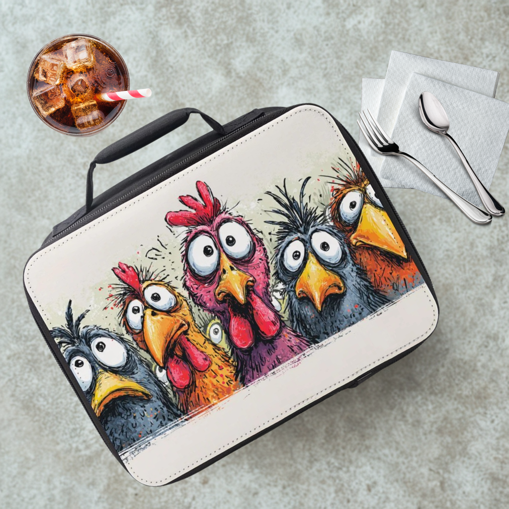 Lunch bag with cartoon chicken design on a cafeteria table with a drink and utensils.