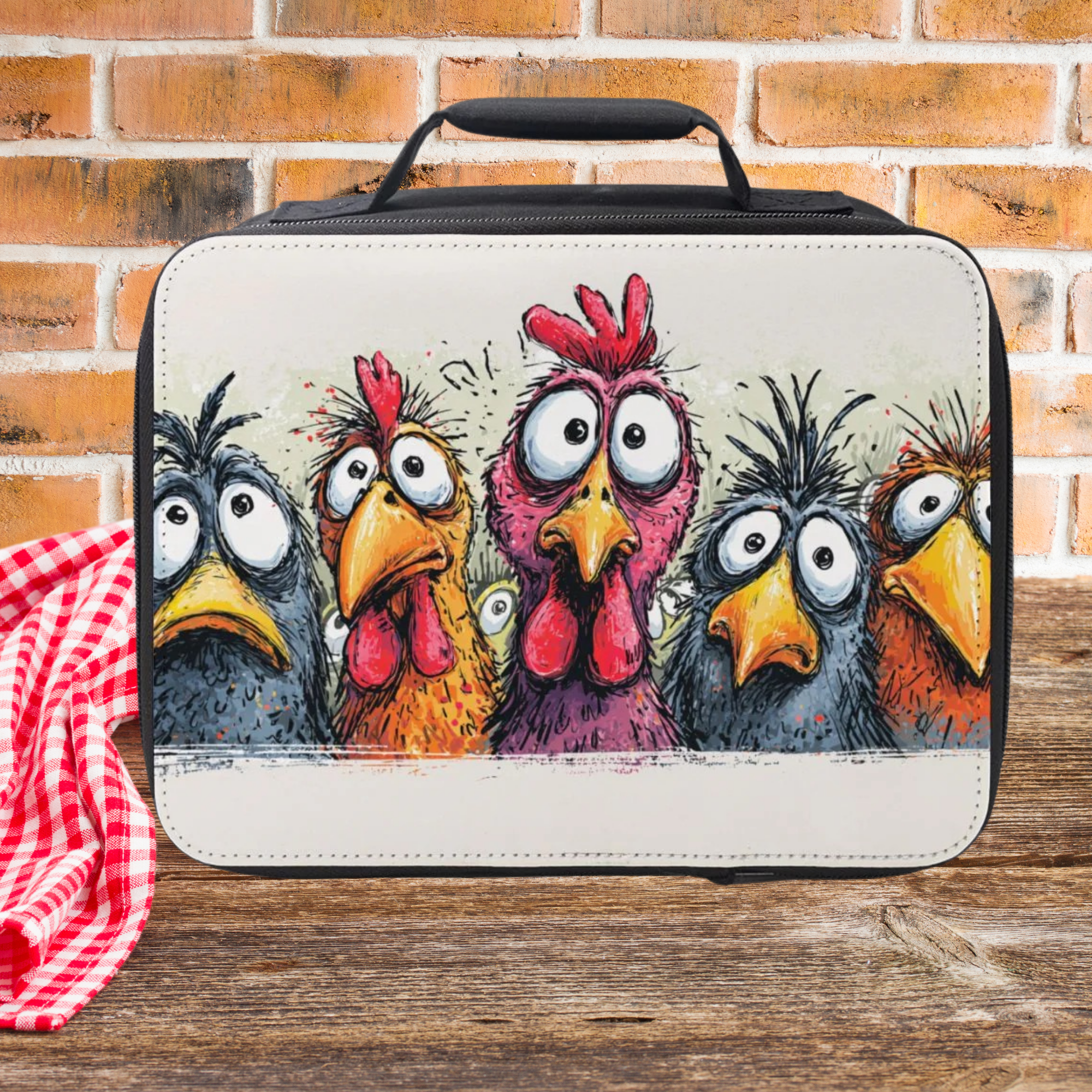 Lunch bag with cartoon chicken design on a wooden picnic table and brick wall background
