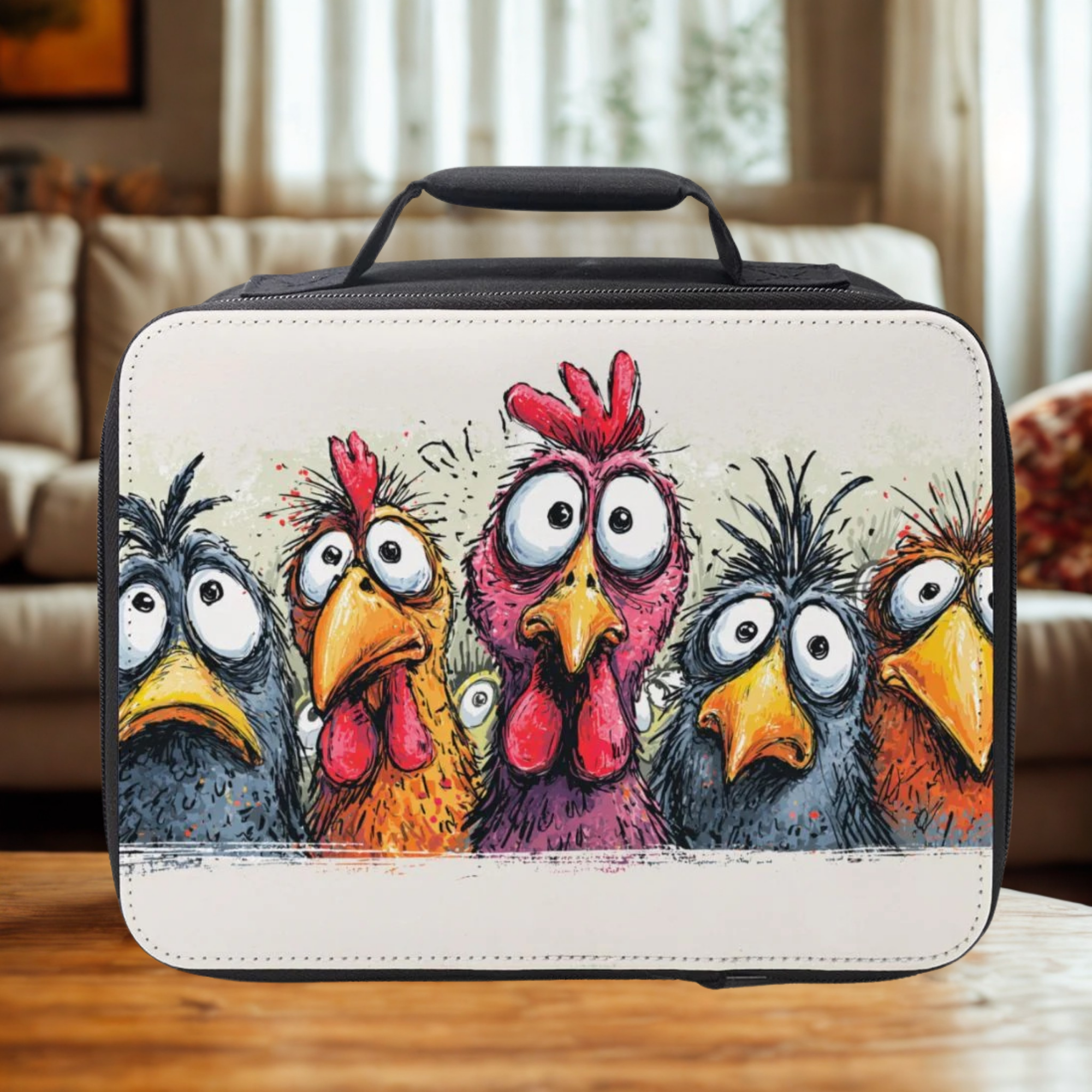  insulated lunch bag with cartoon rooster design on a wooden coffee table in a living room