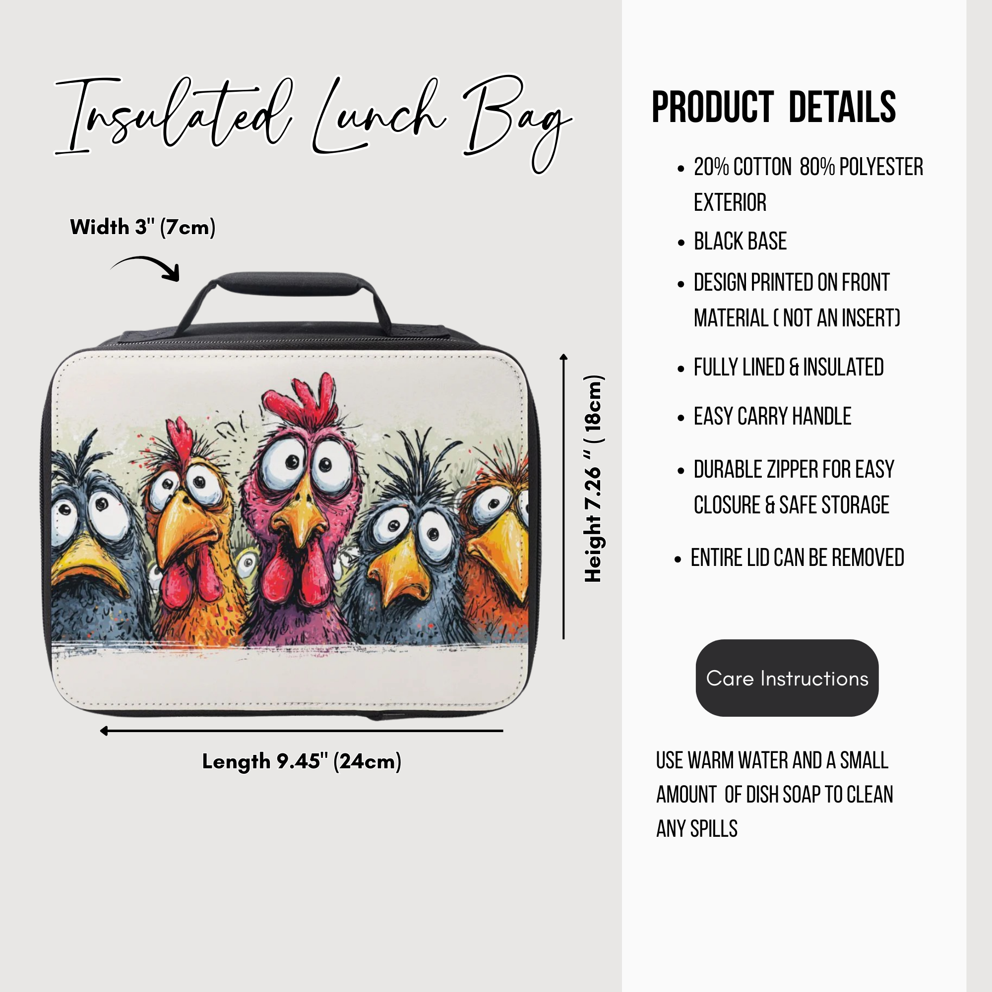 Insulated lunch bag with cartoon chicken design and product details on a white background