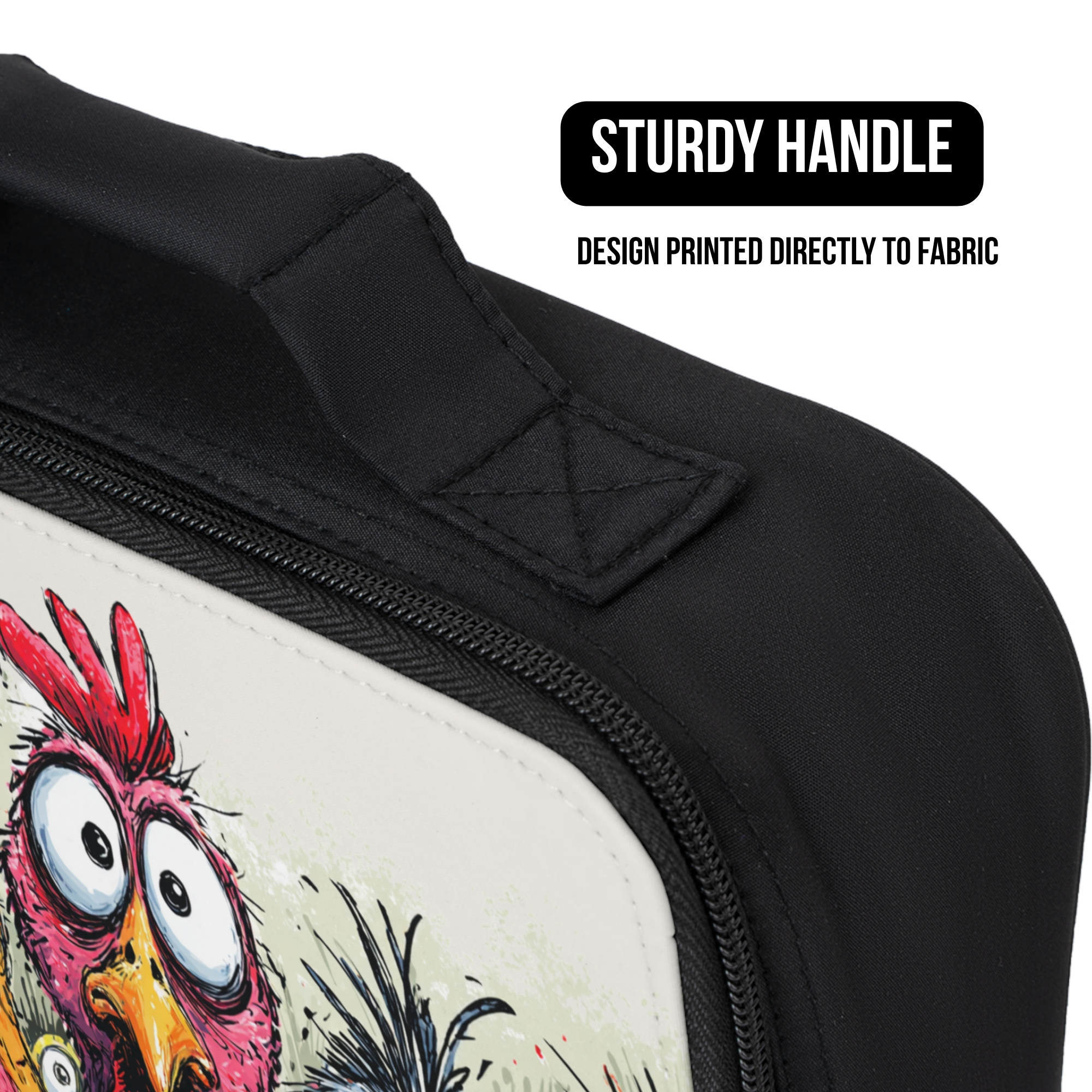 Black lunch bag with a colorful rooster design and 'Sturdy Handle' text on a white background