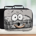 Lunch bag with a cartoon toolbox design featuring eyes, mouth, and handle on a counter with a light background.