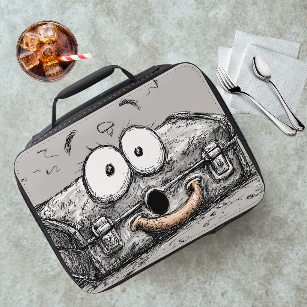 Lunch box with cartoon toolbox with a surprised face design on a cafeteria table with a drink and utensils.
