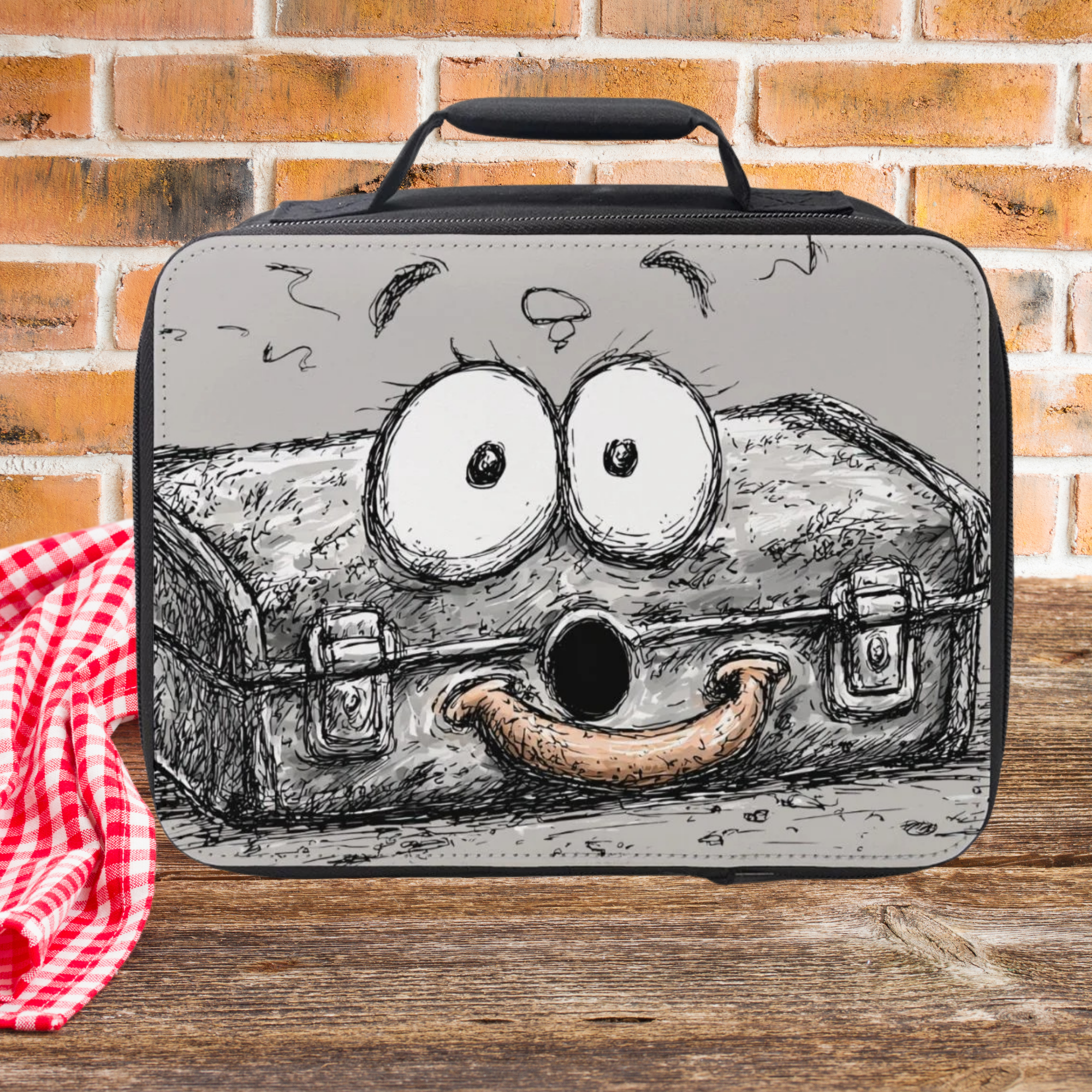 Lunch bag with a cartoon character toolbox design on a wooden picnic table with a brick wall background