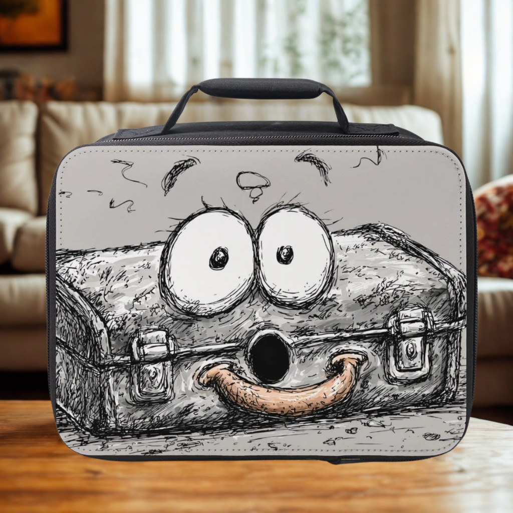 Lunch bag with a cartoon character toolbox design featuring eyes, mouth, and handle on a wooden living room table