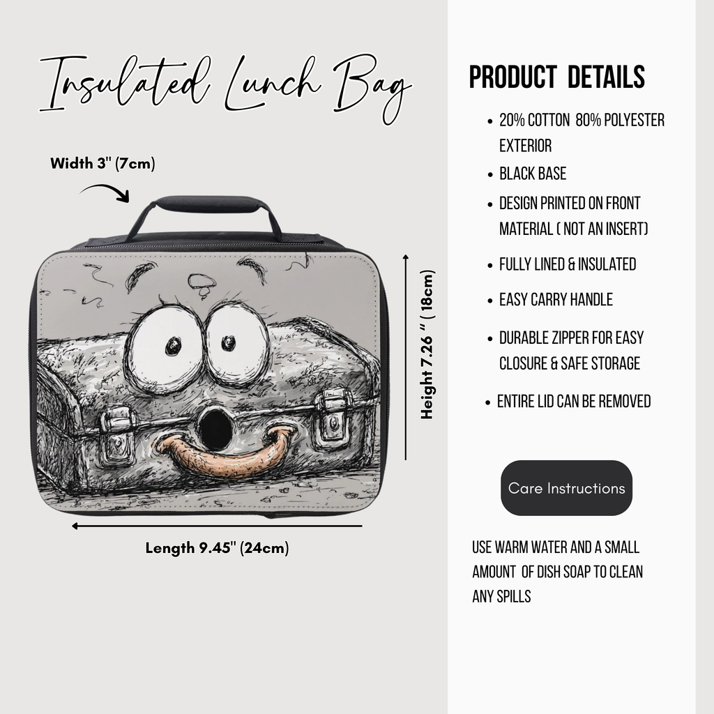 Insulated lunch bag with cartoon design of a surprised toolbox, dimensions, and product details on a white background.