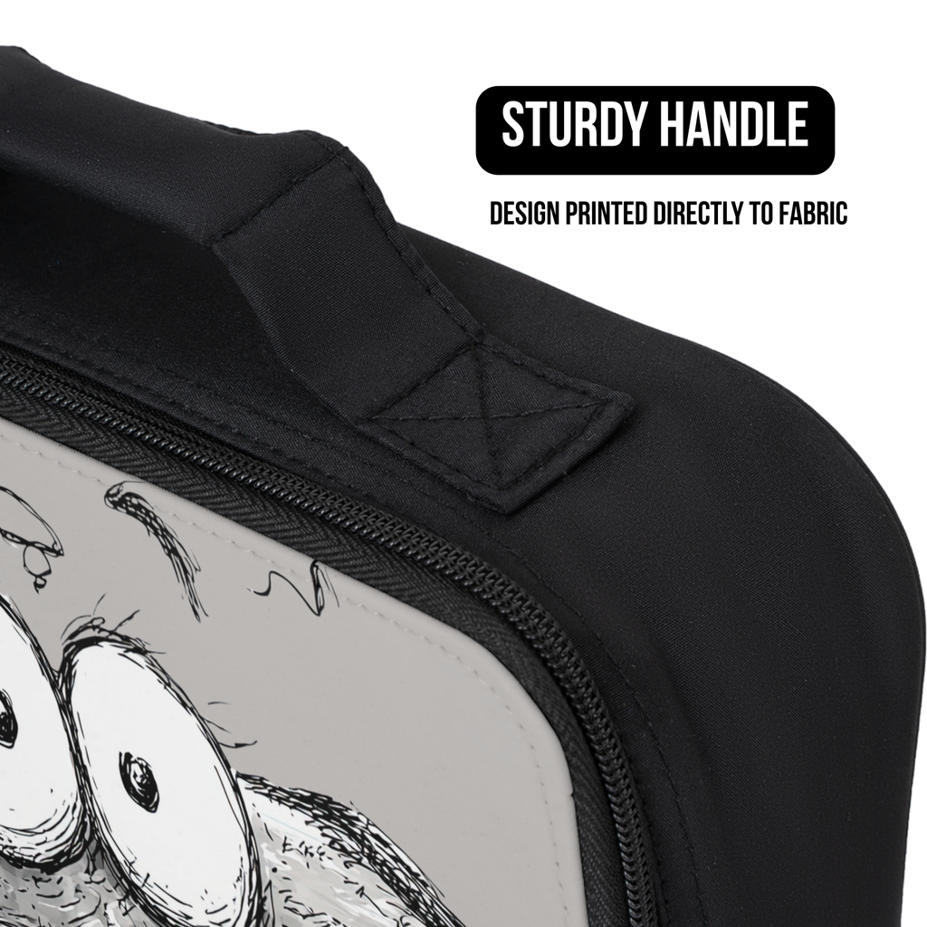 Black lunch bag close up with a design printed directly to fabric, featuring a sturdy handle.