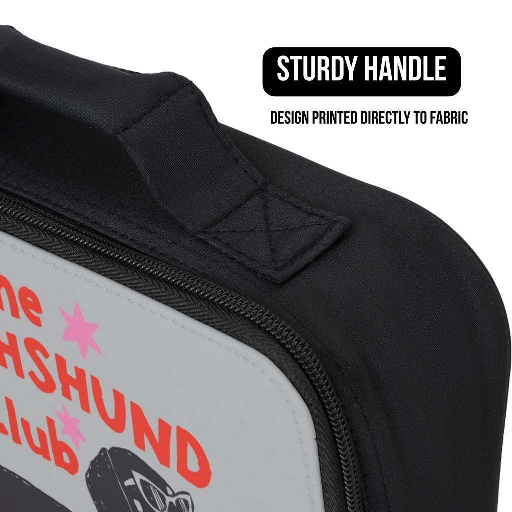 Black lunch bag with 'Dachshund Club' design and text about a sturdy handle.