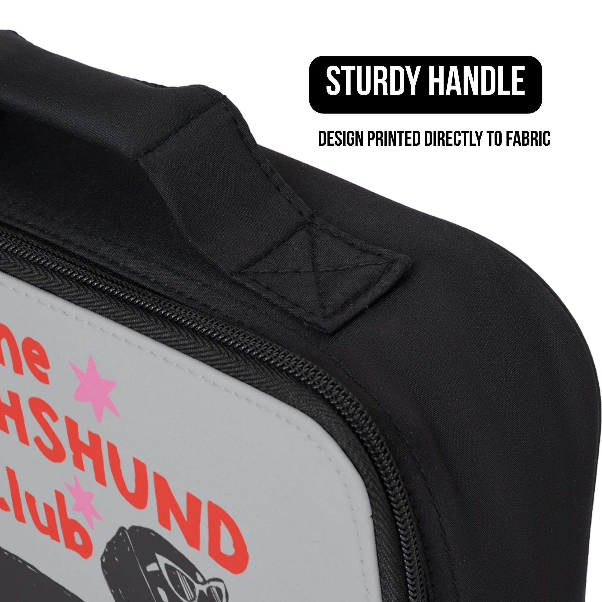 Black lunch bag with 'Dachshund Club' design and text about a sturdy handle.
