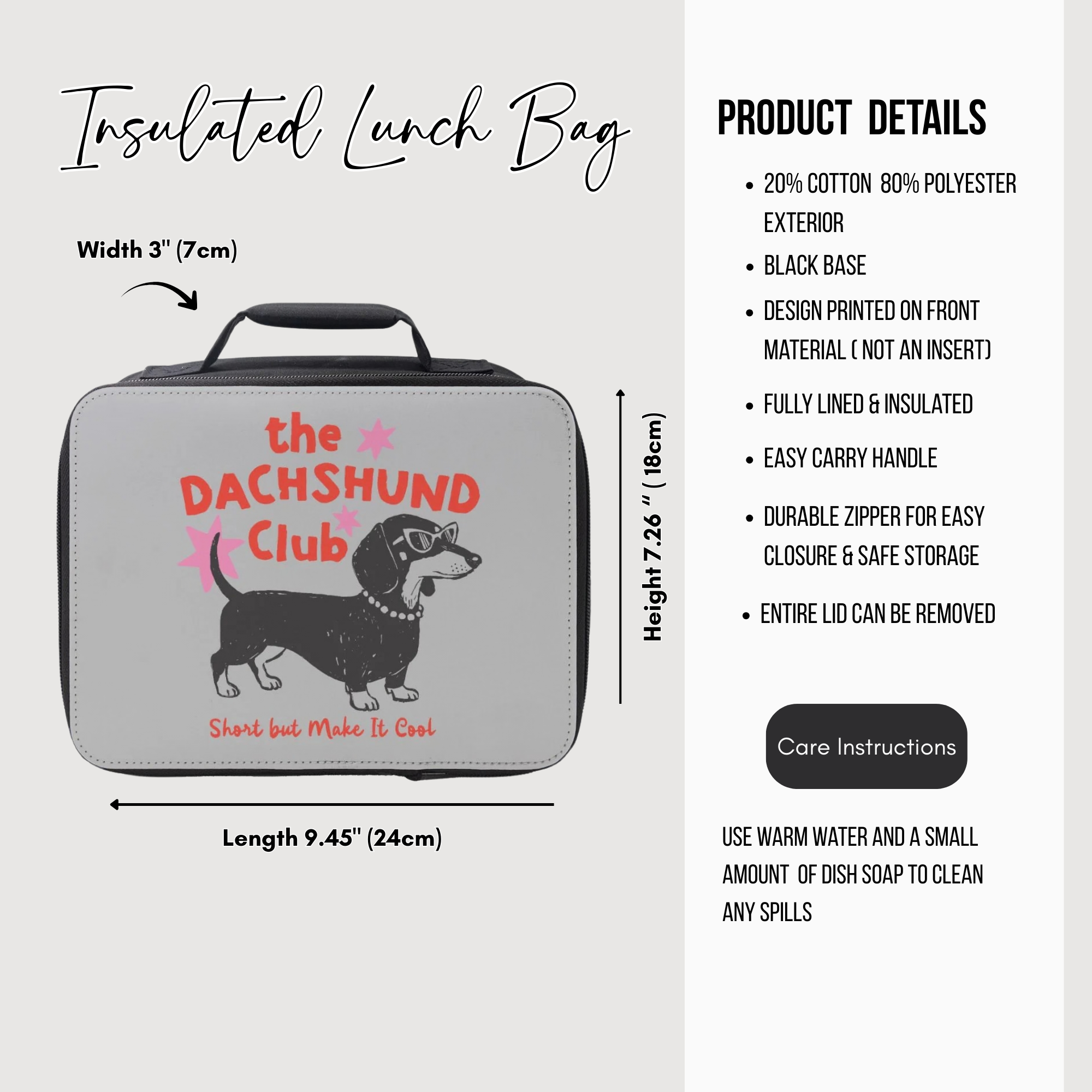 Insulated lunch bag with Dachshund design and product details on a white background