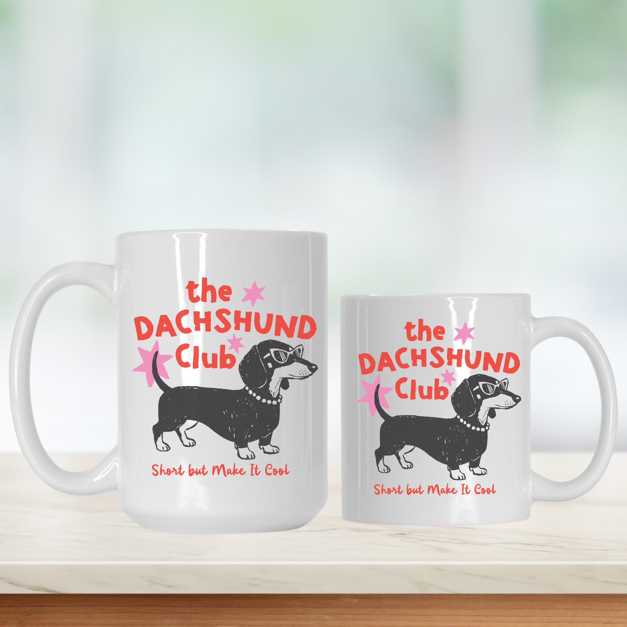15oz. & 11oz. mugs with dachshund illustrations and text on a white background