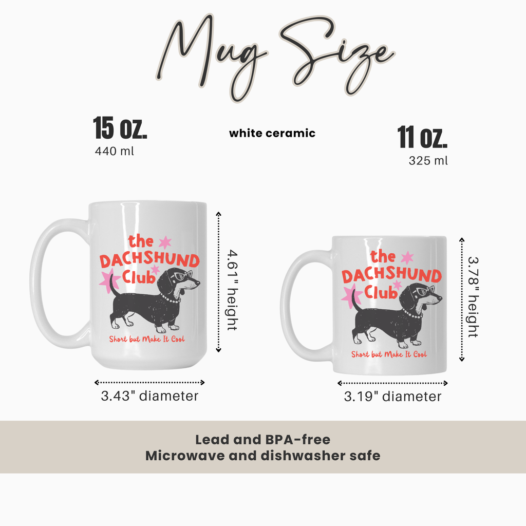 Mug size comparison chart with 'the DACHSHUND Club' design on a white background.