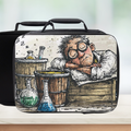 Lunch bag with a design of a scientist and laboratory equipment on a white background