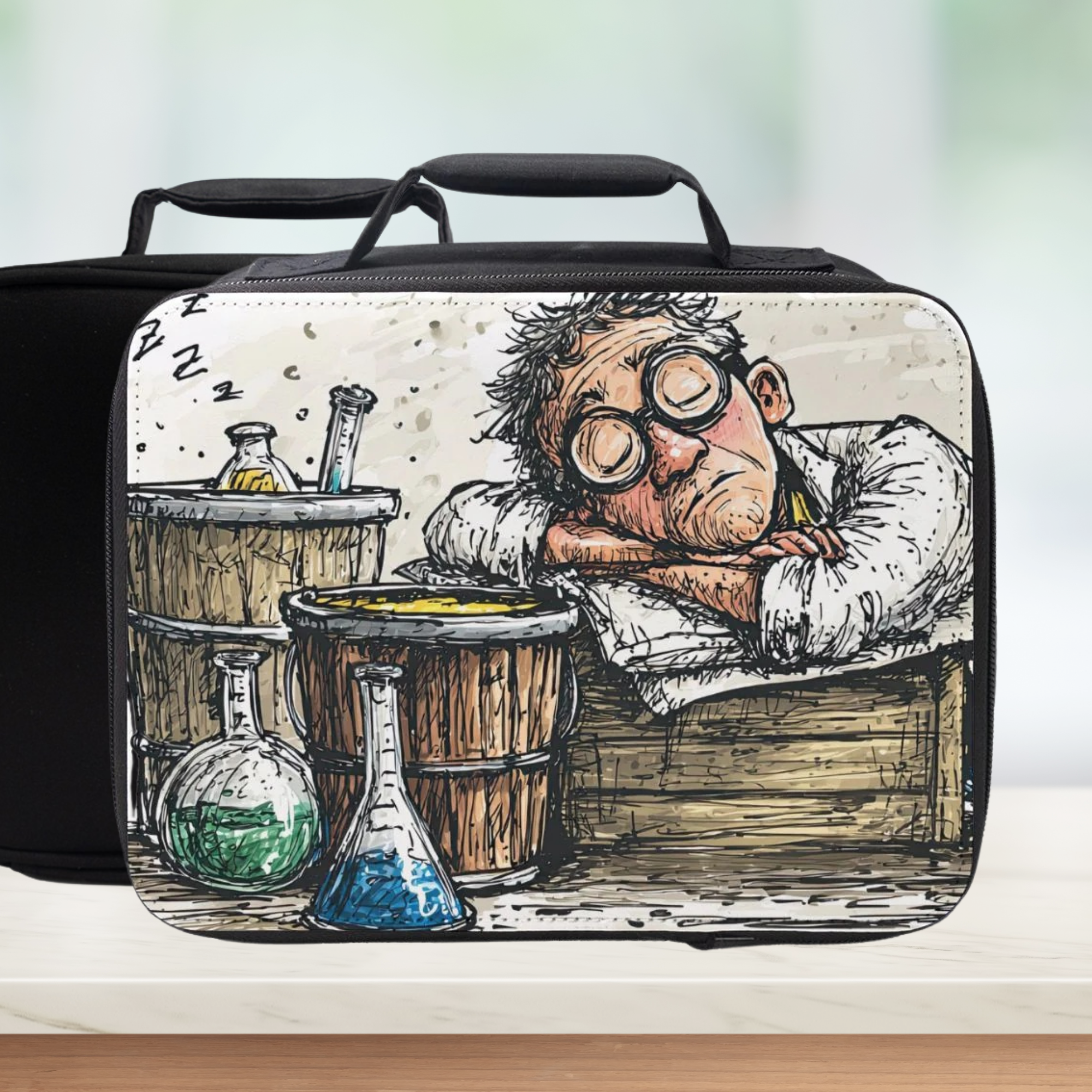 Lunch bag with a design of a scientist and laboratory equipment on a white background