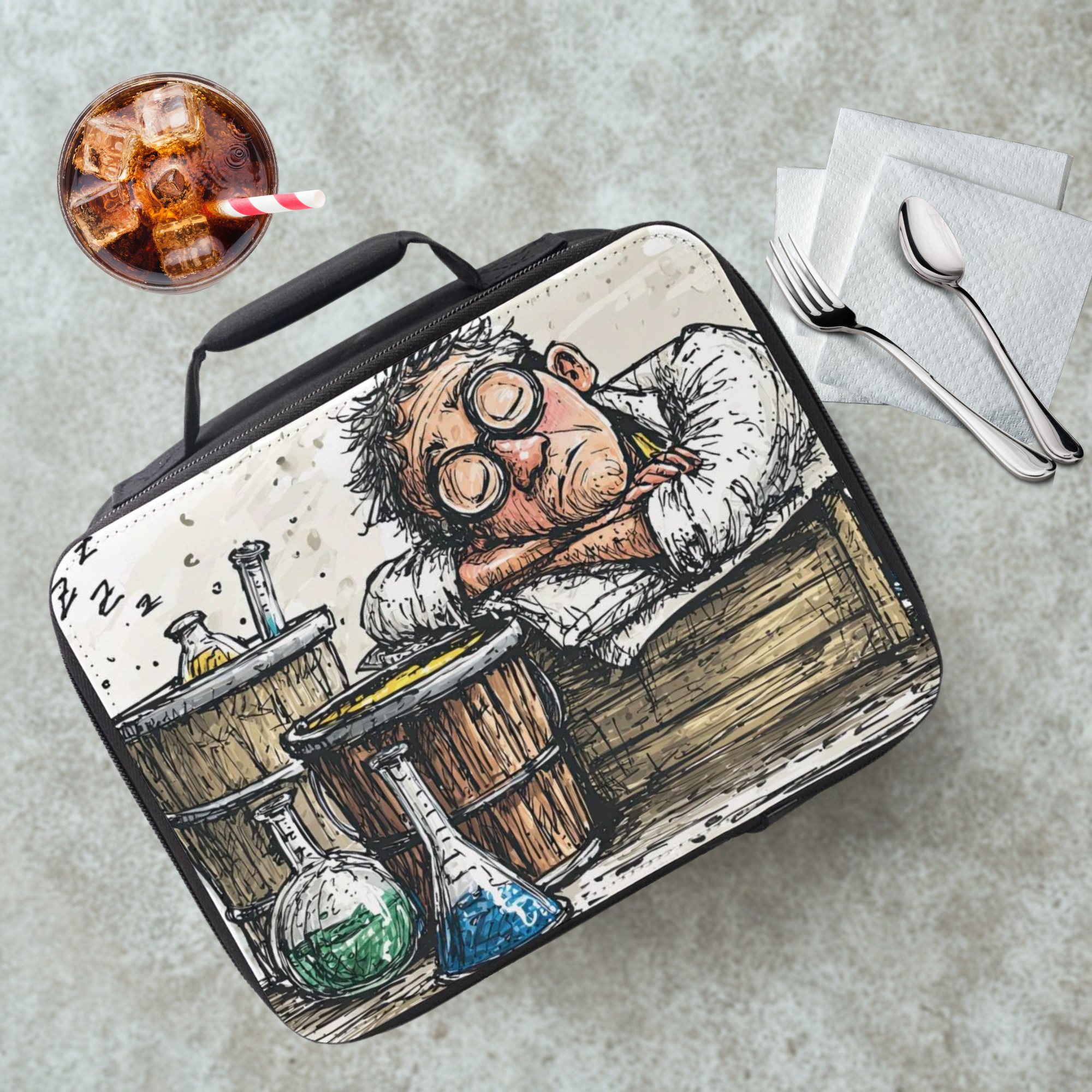  insulated lunch bag with a cartoon scientist design on a cafeteria table with a drink and utensils
