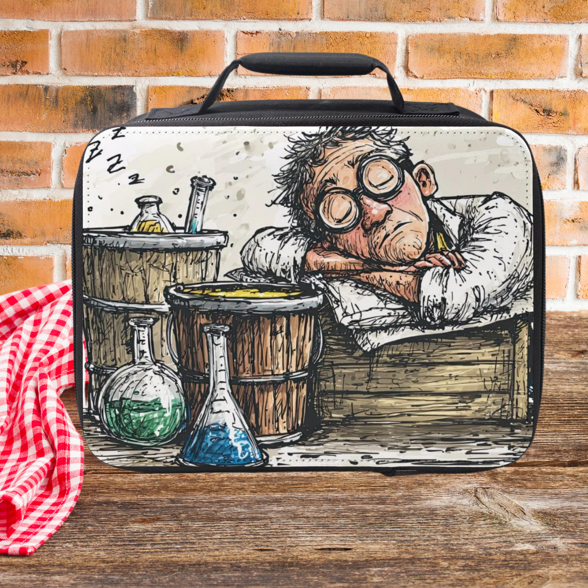 Lunch bag with a design of a scientist and laboratory equipment on a wooden picnic table against a brick wall background