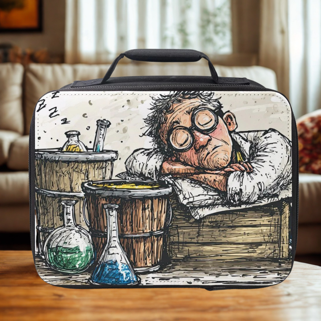  insulated lunch bag with a cartoon scientist design on a wooden coffee table in a cozy living room.