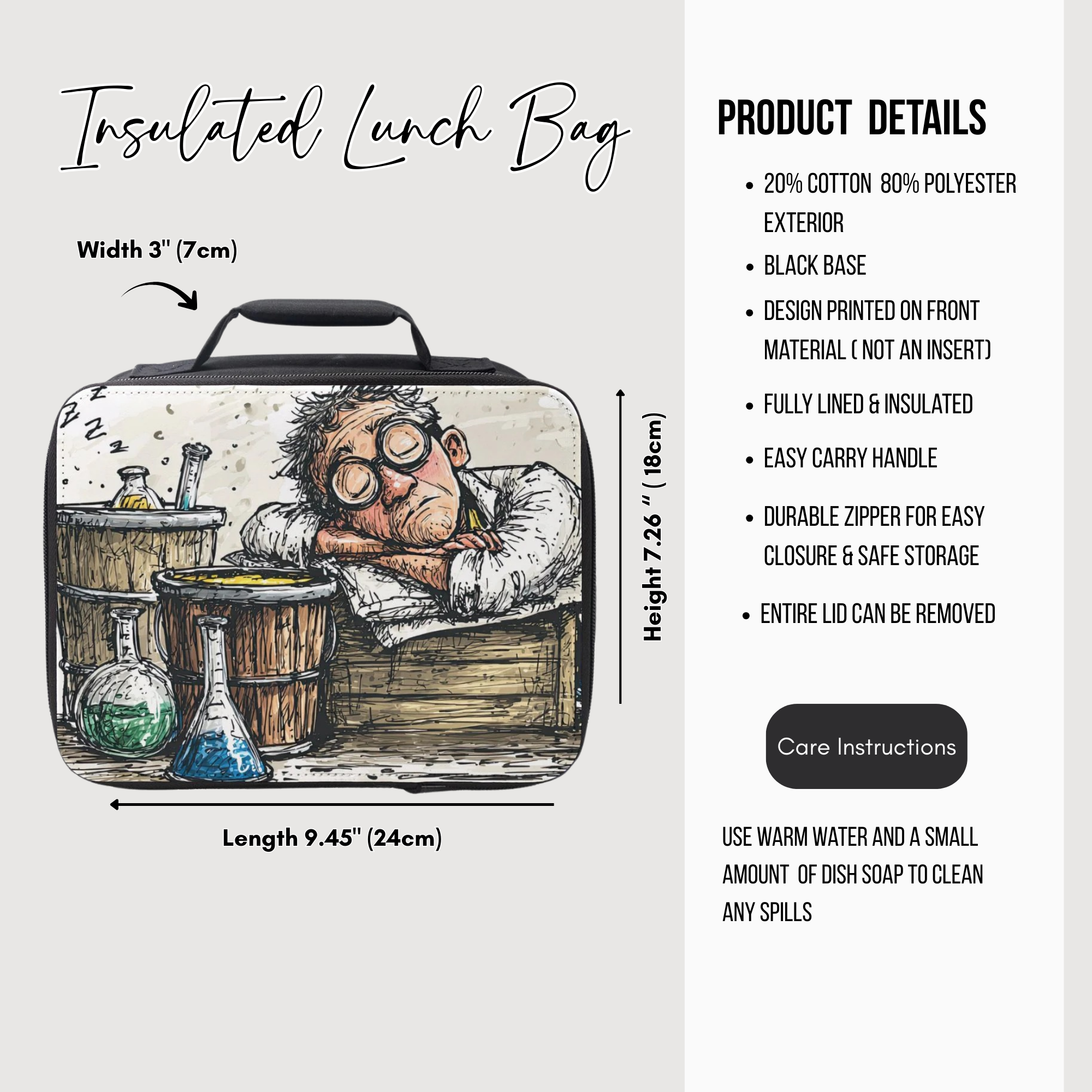 Insulated lunch bag with illustration of a scientist asleep in a lab and product details on a white background