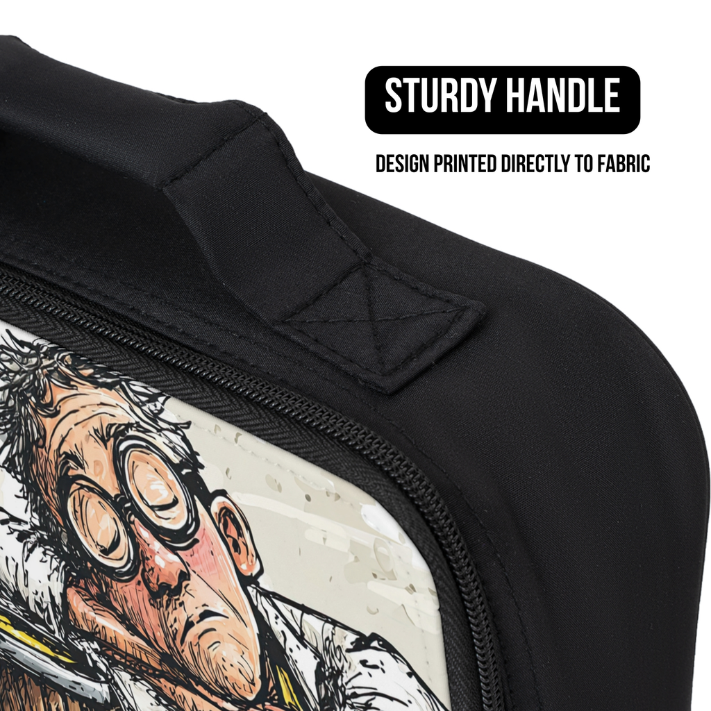 Close up of a black lunch bag with a printed design of a character wearing glasses and a suit, featuring text about a sturdy handle and design printed directly to the fabric.