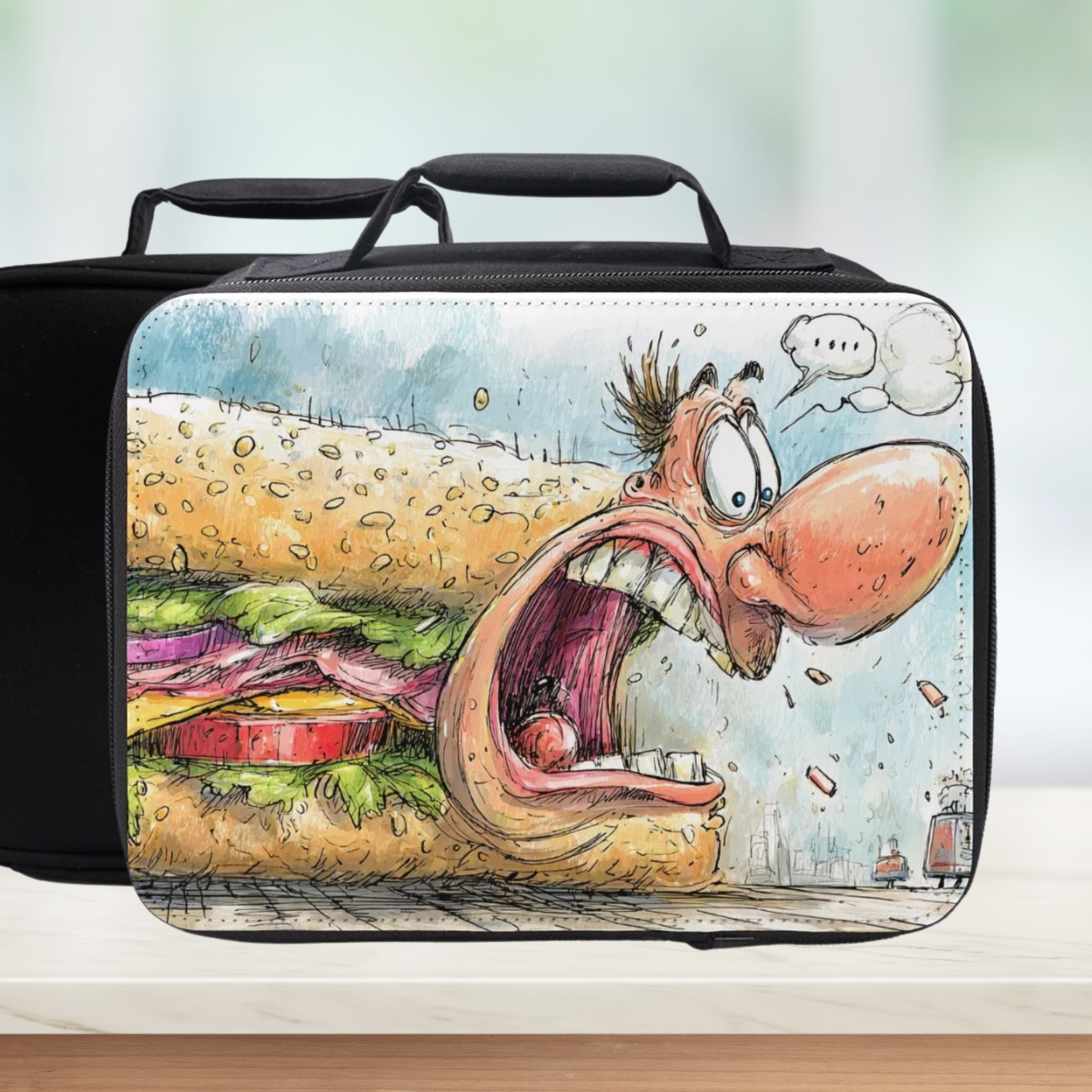 Black lunch bag with a cartoon design of an angry face coming out of a sandwich on a white background