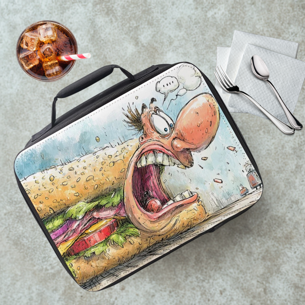 Lunch bag with cartoon design of a large sandwich and angry face, placed on a cafeteria table with a drink and utensils.
