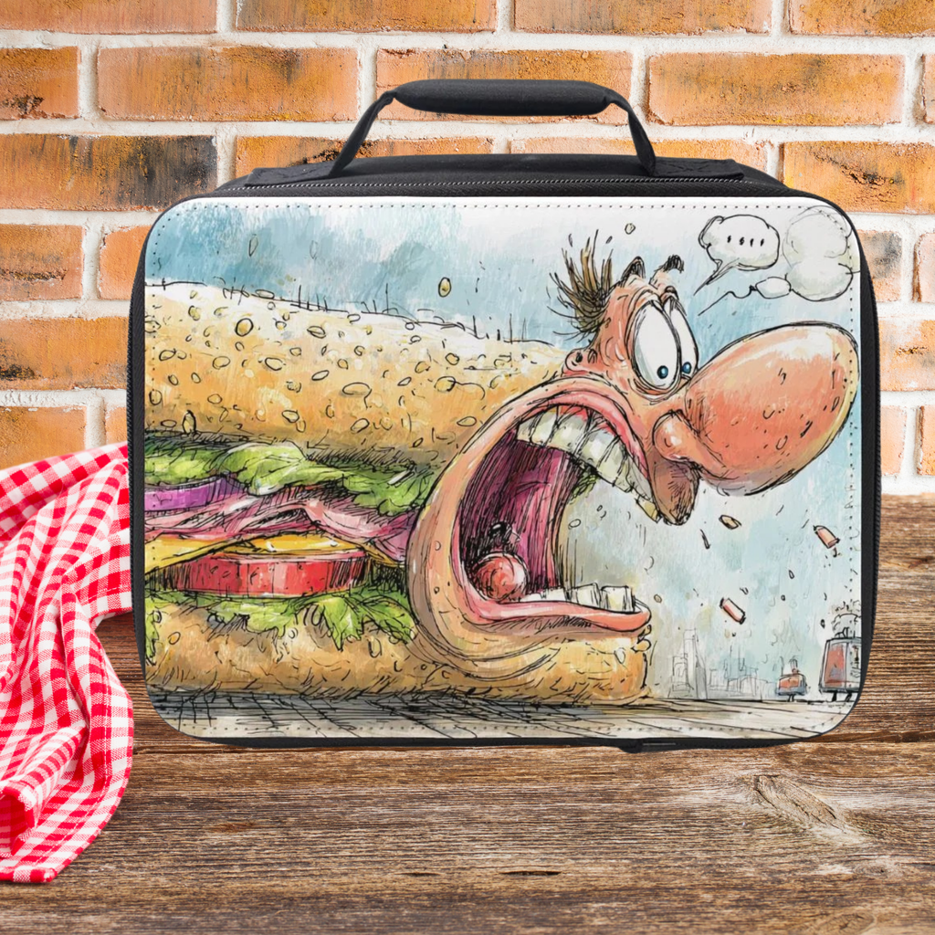 lunch bag with a cartoon design of an angry face and sandwich on a wooden picnic table and brick wall background.