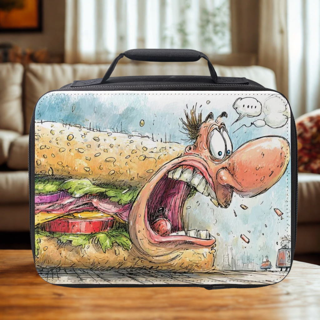 Lunch bag with a cartoon design of an angry face and sandwich on a wooden table in a living room.