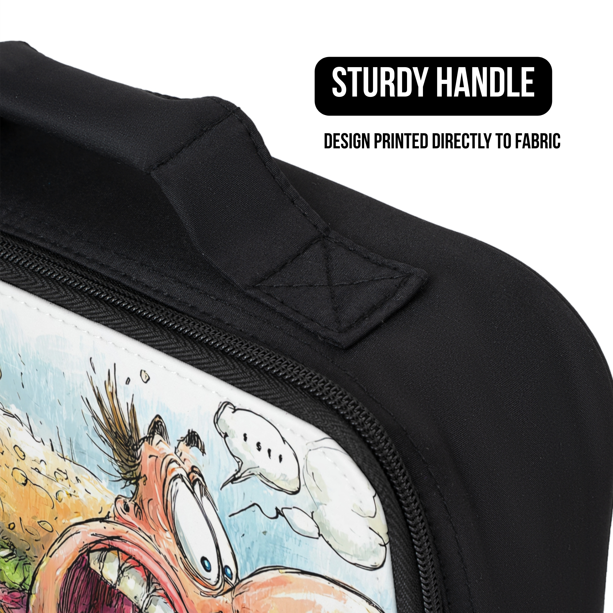 Black lunch bag with a cartoon design of an angry sandwich, featuring a sturdy handle and text indicating design on fabric.
