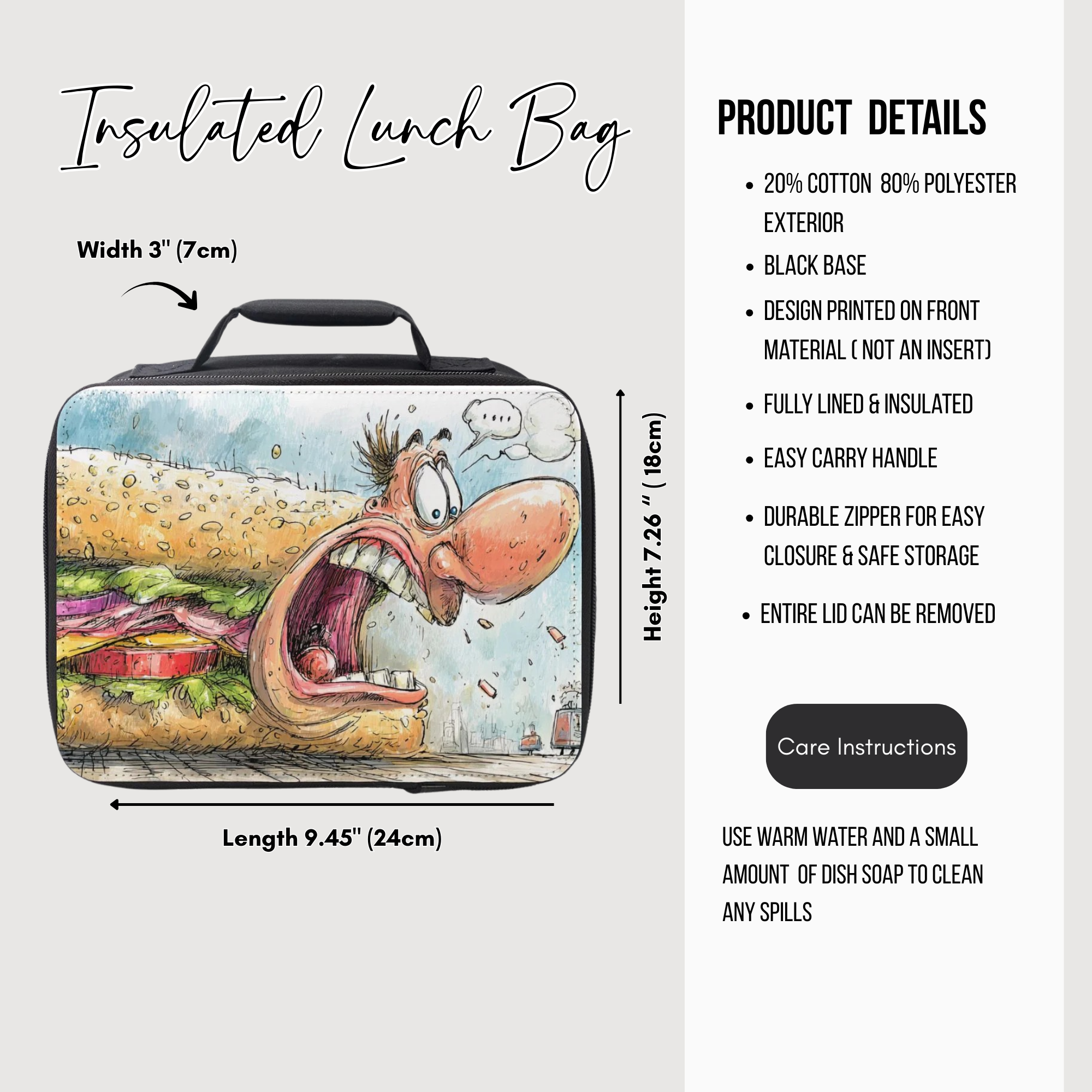 Insulated lunch bag with cartoon design of an angry face coming out of a sandwich and product details on a white background