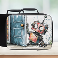 Lunch bag with a robot design opening a door on a counter with a light background