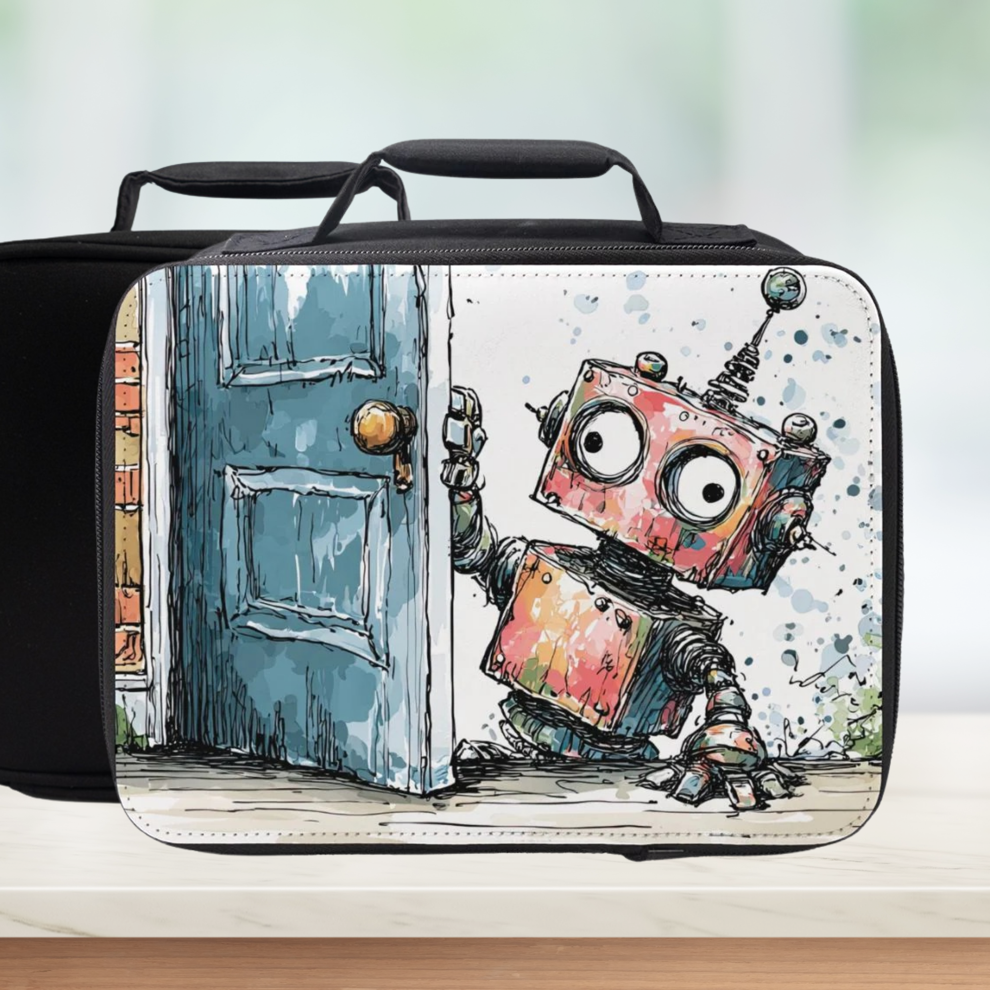 Lunch bag with a robot design opening a door on a counter with a light background