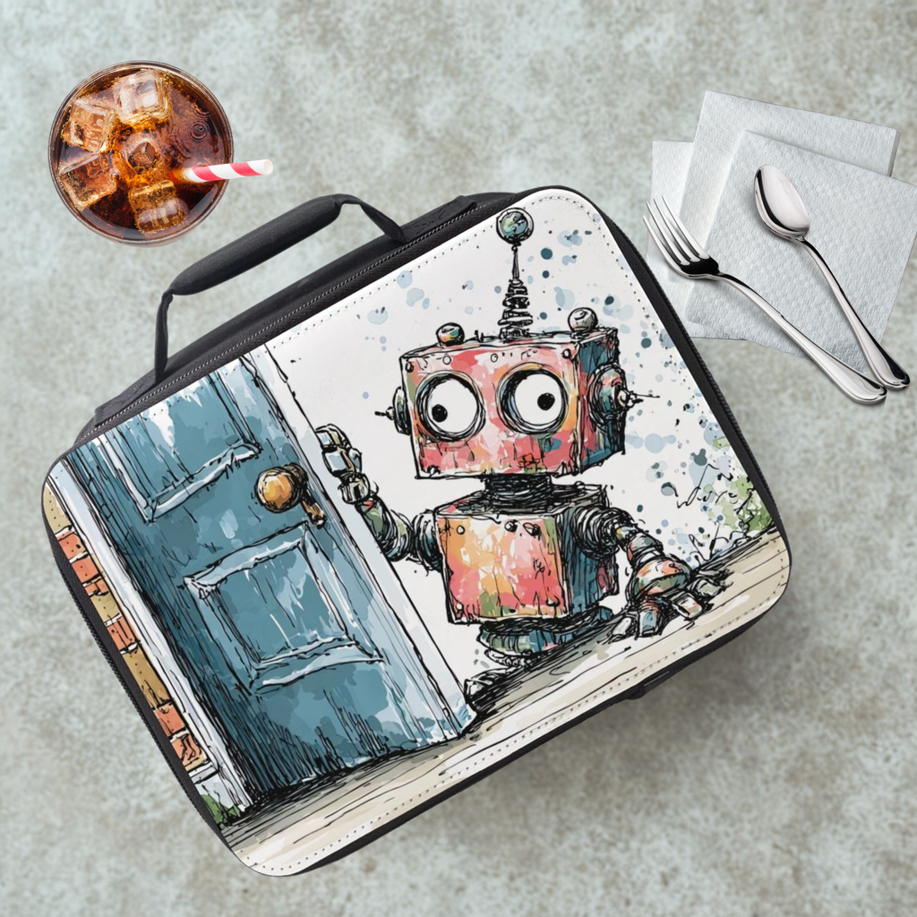 Lunch bag with a robot design on a cafeteria table with a drink and utensils.