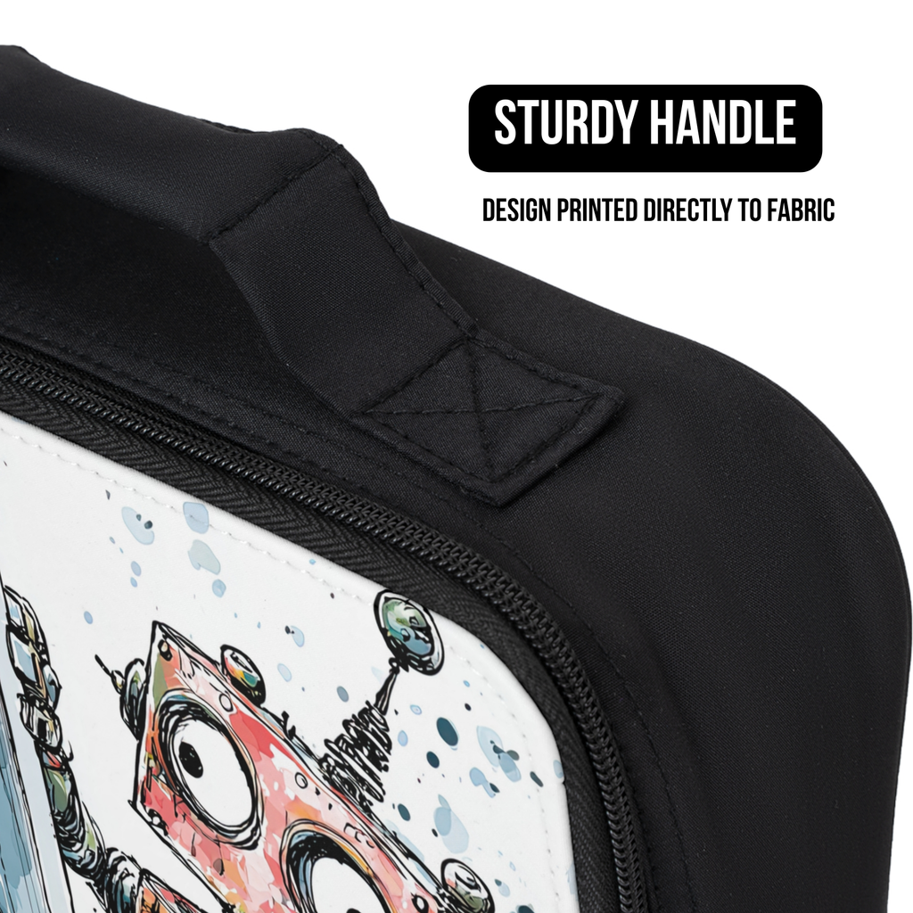 Black lunch bag with a colorful design on a white background, featuring text about a sturdy handle and printed design.