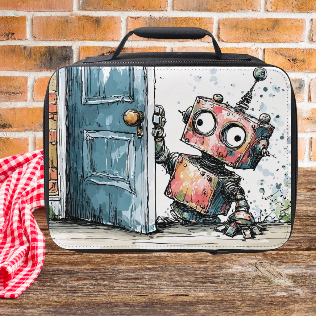 Lunch bag with a robot design on a wooden picnic table against a brick wall background
