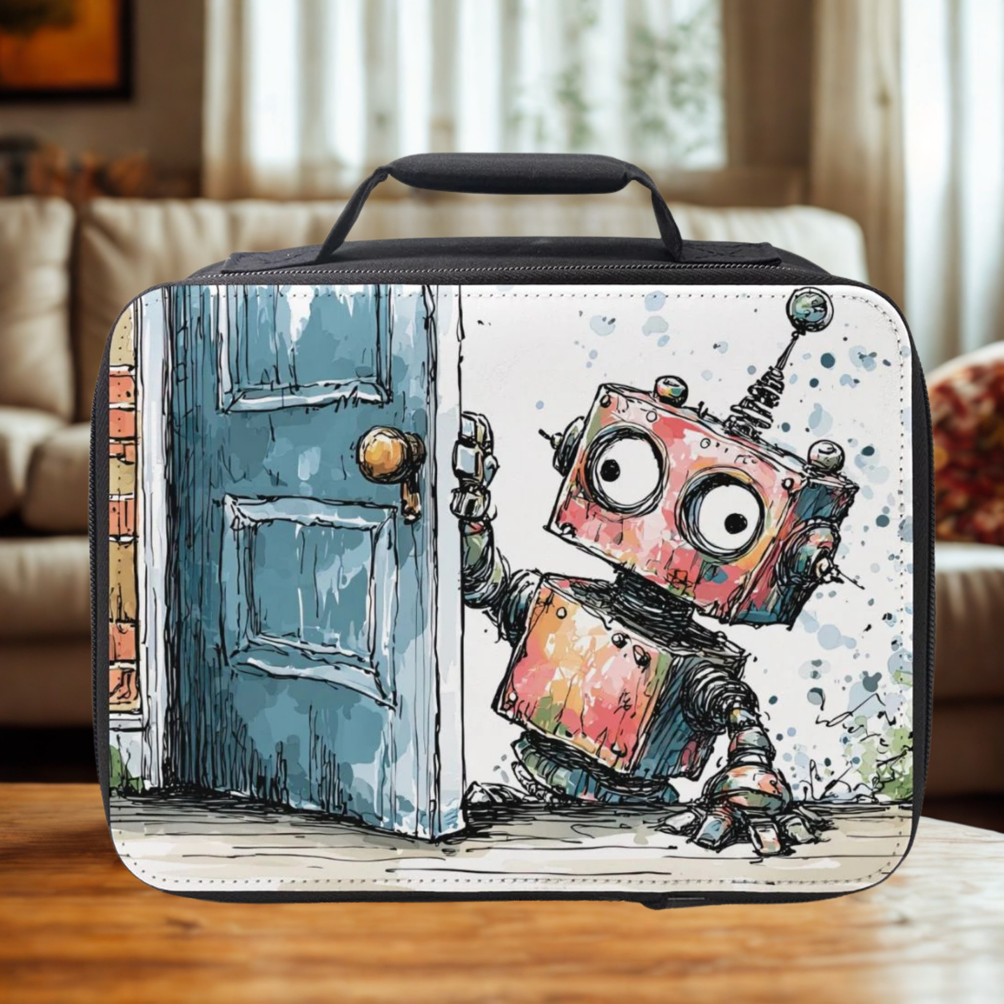  insulated lunch bag with a robot design on a wooden living room table