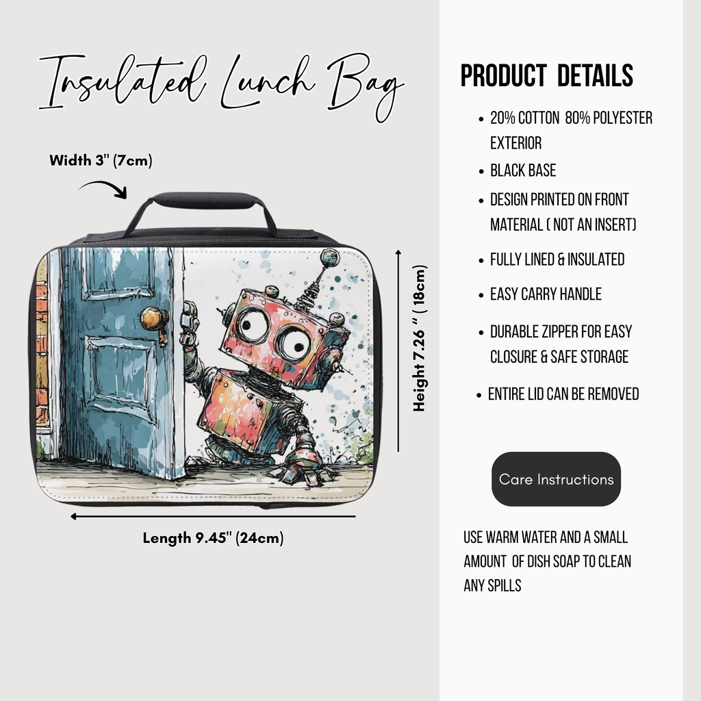 Insulated lunch bag with robot design and product details on a white background
