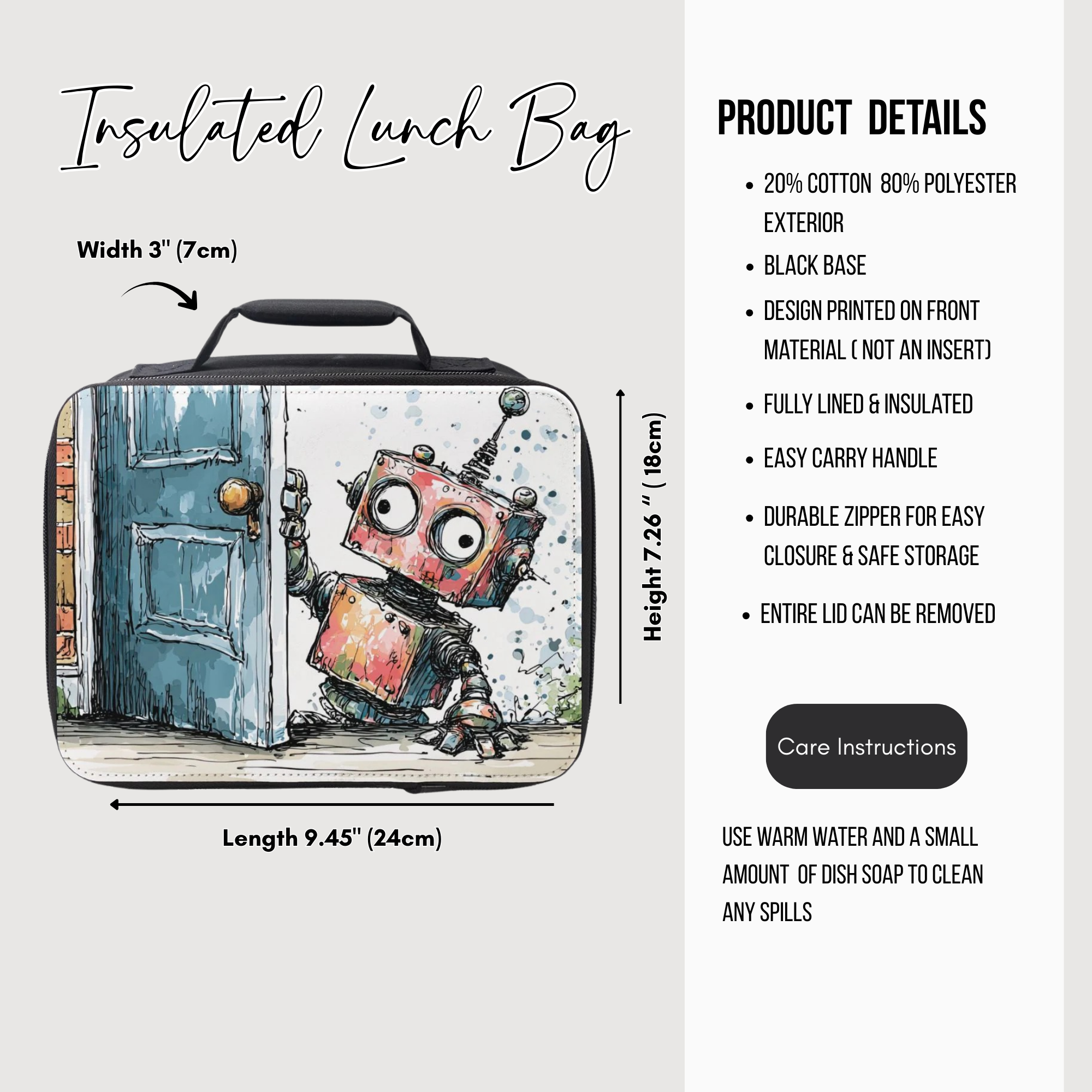 Insulated lunch bag with robot design and product details on a white background