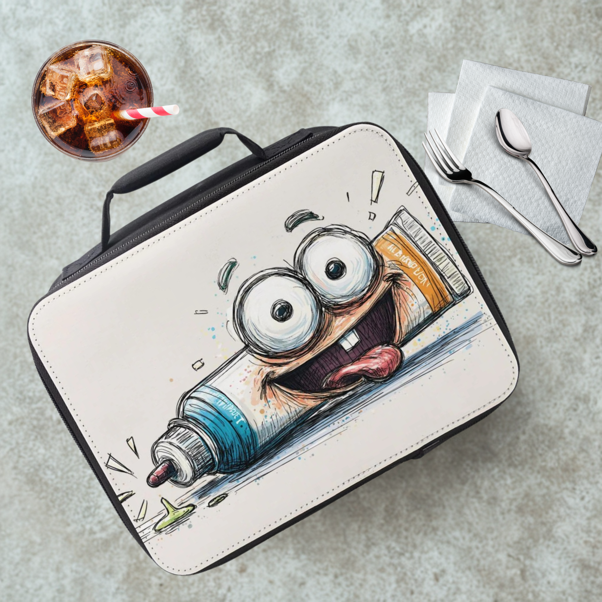Lunch bag with cartoon bottle design on a cafeteria table with a drink and utensils.