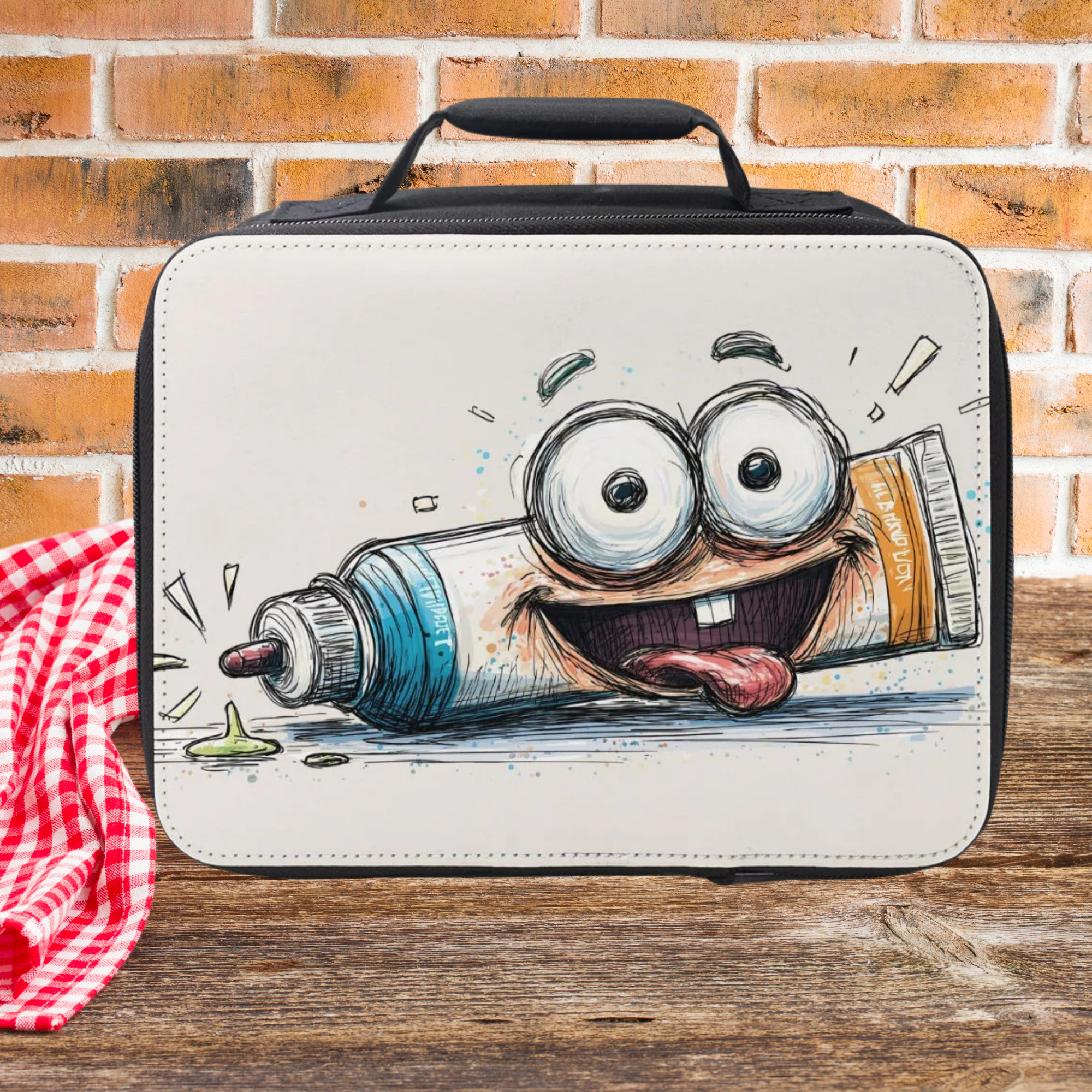 Lunch bag with cartoon design of a glue bottle on a wooden picnic table against a brick wall background