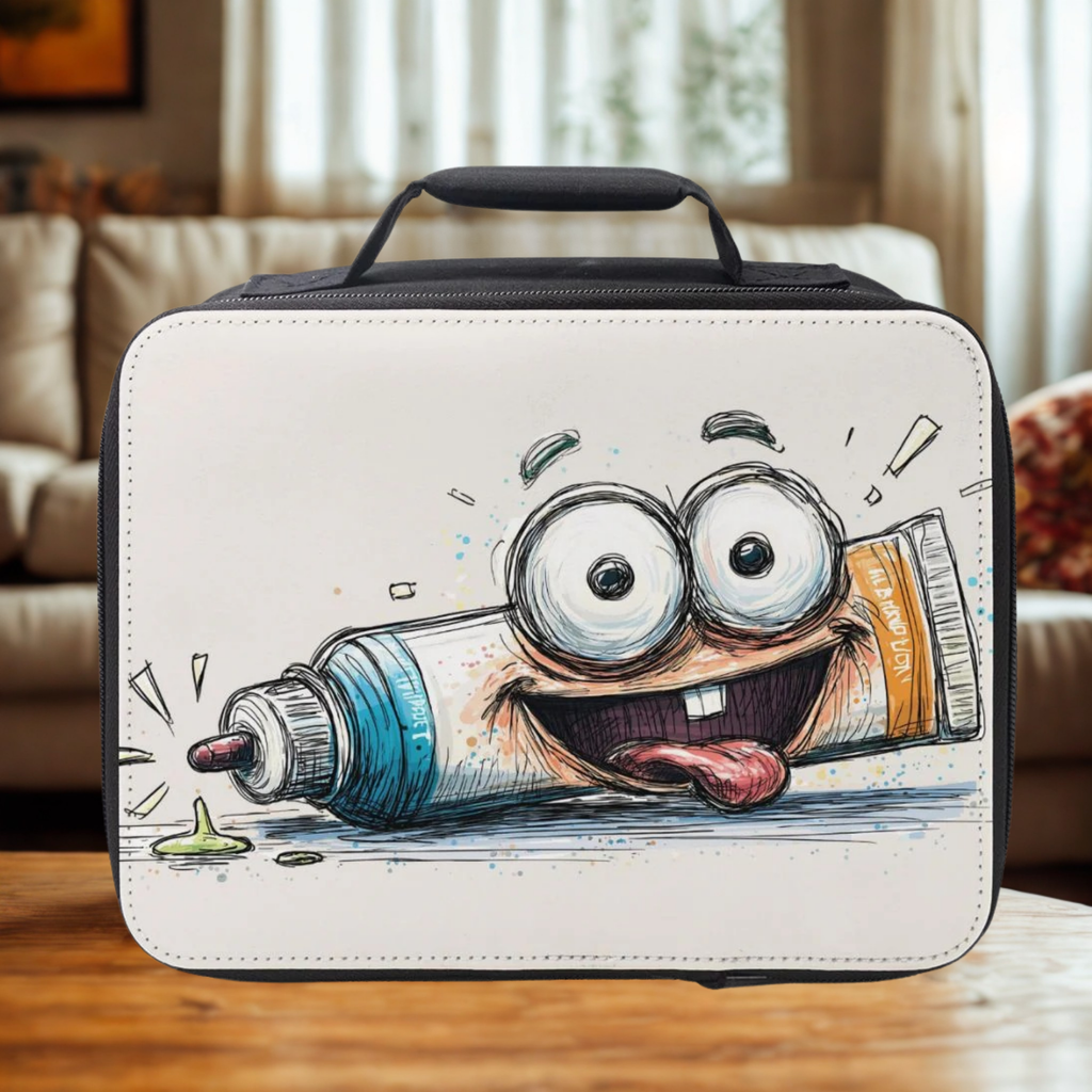 Lunch bag with a cartoon tube of glue design on a wooden coffee table in a cozy living room
