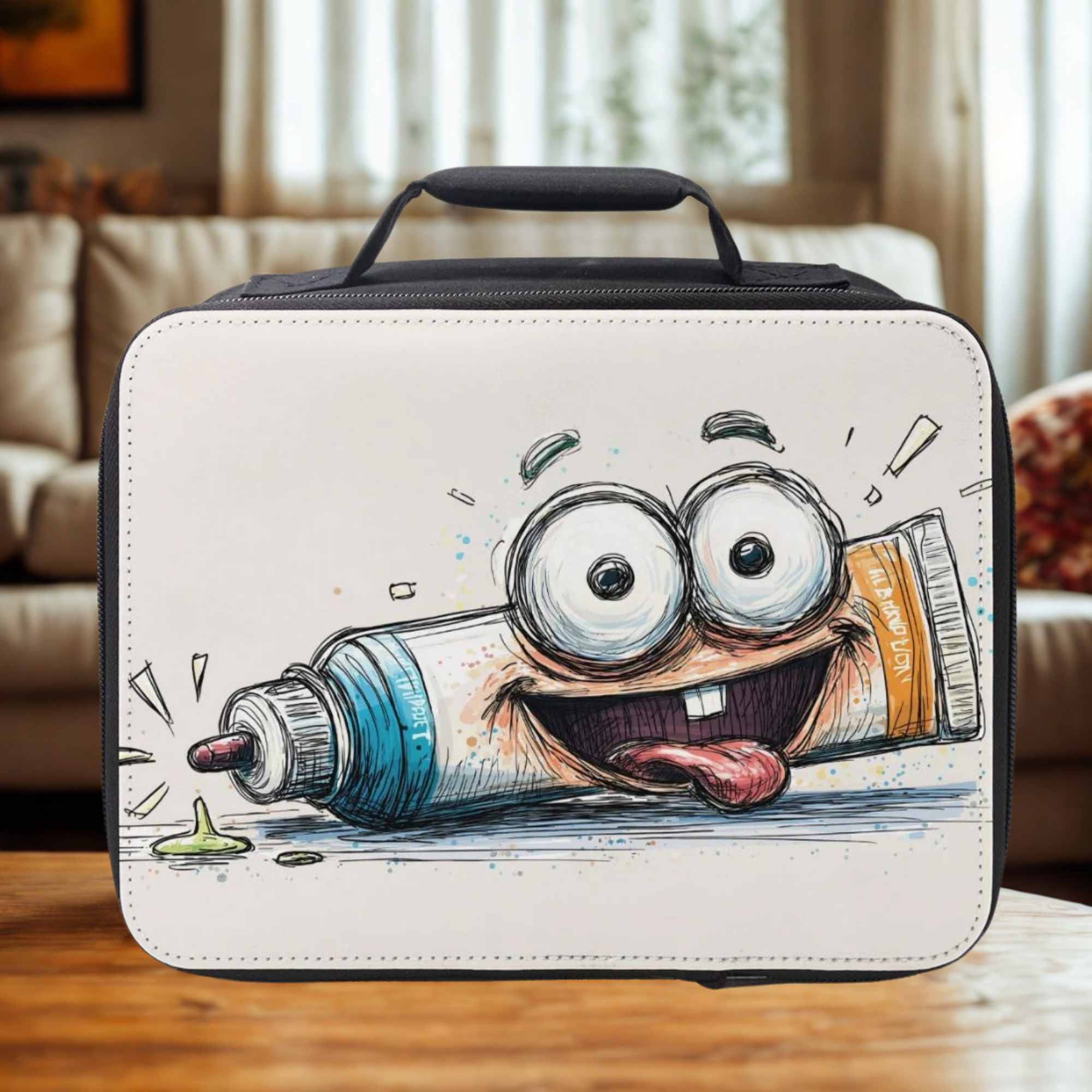 Lunch bag with a cartoon tube of glue design on a wooden coffee table in a cozy living room