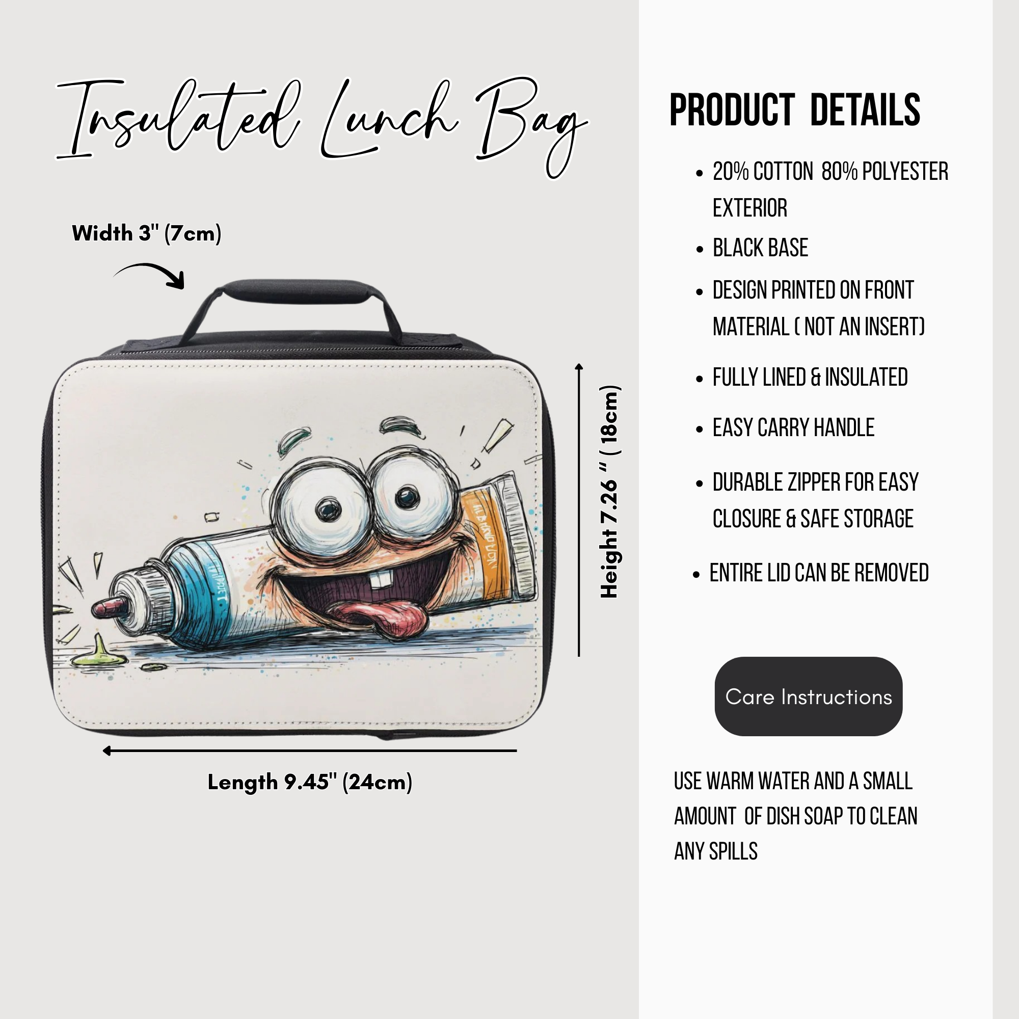 Insulated lunch bag with cartoon design and product details on a white background