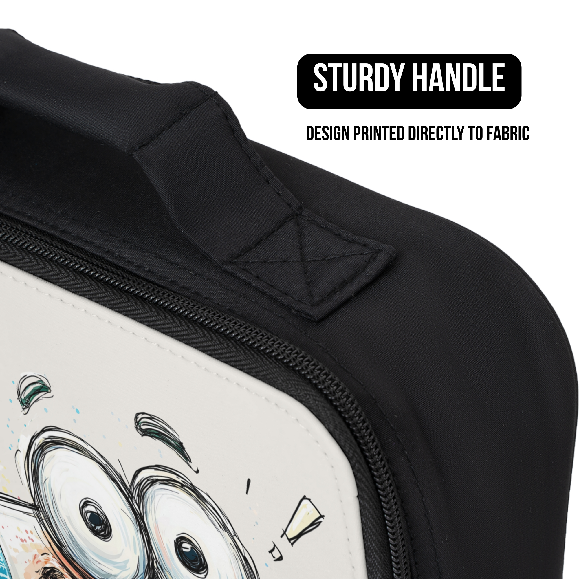 Black lunch bag close up with a design printed directly to fabric on a white background