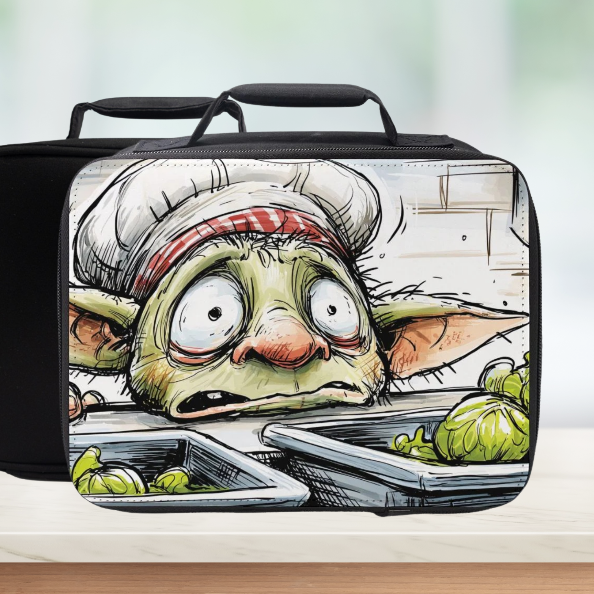  insulated lunch bag with a cartoon character goblin design on a white background