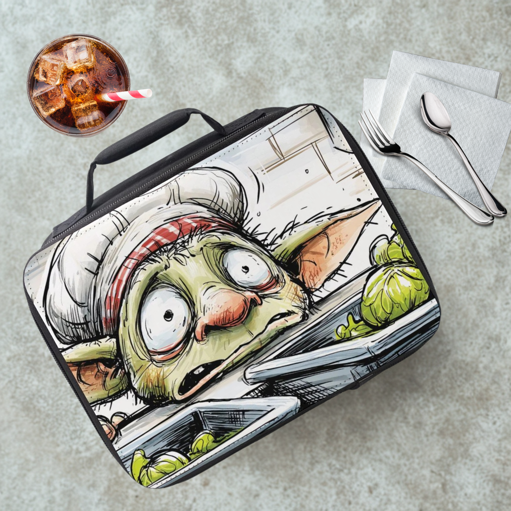 Lunch bag with a cartoon character design on a cafeteria table with a drink and utensils.