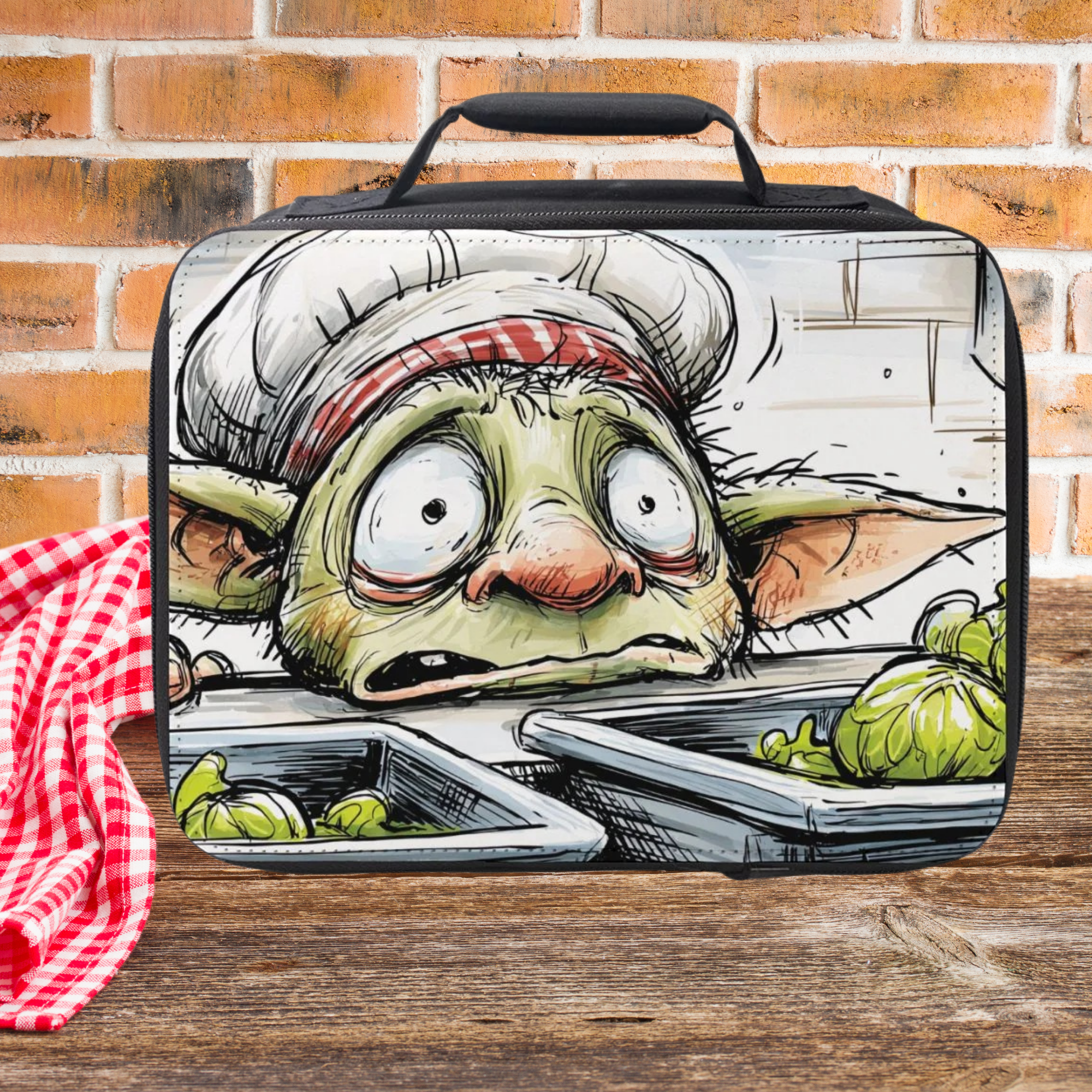 Lunch bag with a cartoon character design on a wooden picnic table and brick wall background