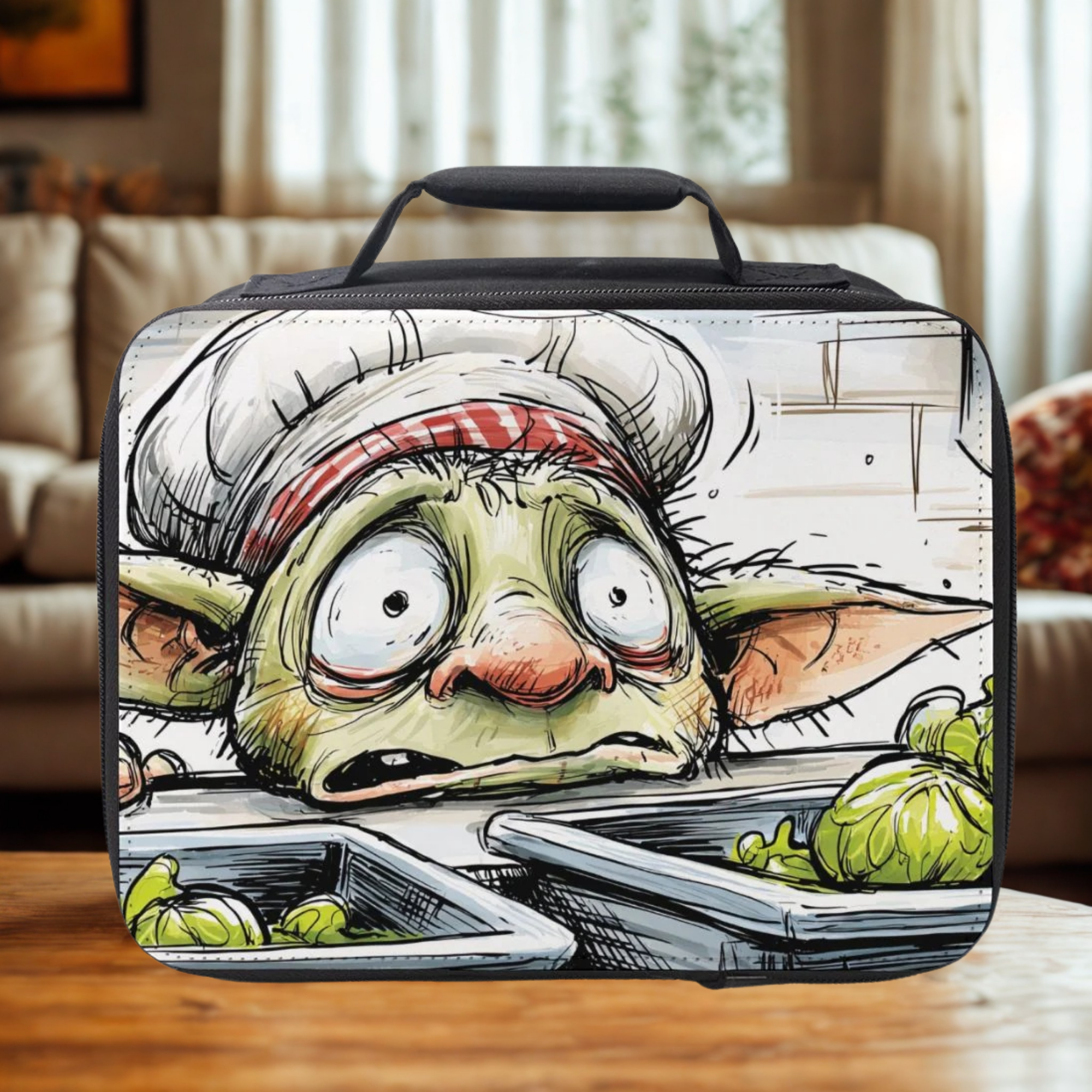  insulated lunch bag with a cartoon character design on a wooden coffee table in a living room.