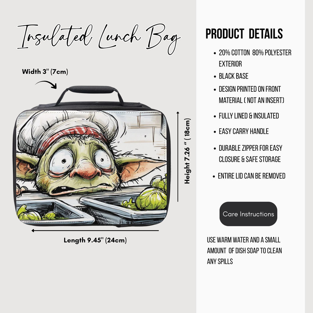 Insulated lunch bag with cartoon character design and product details on a white background