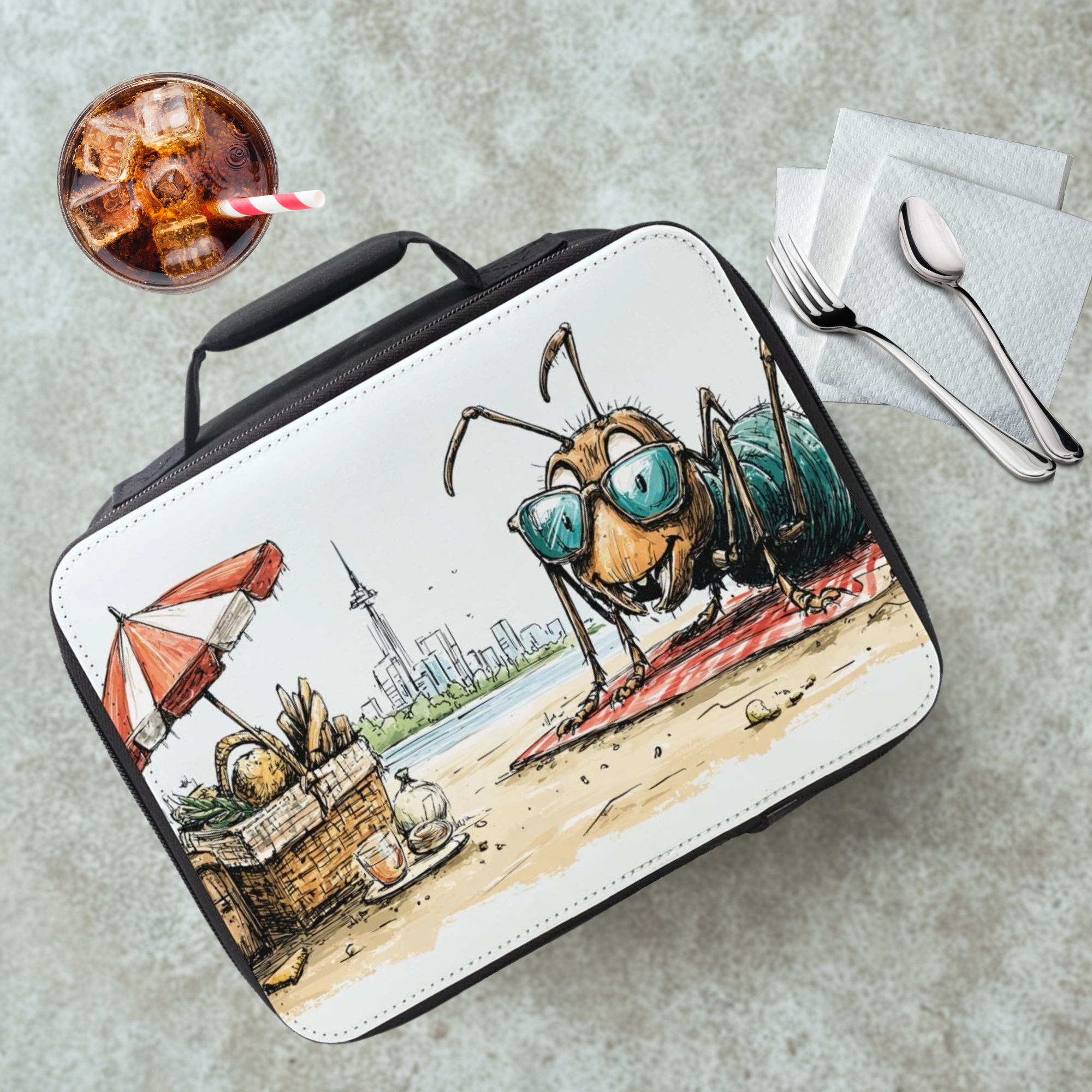 Lunch bag with a cartoon ant design on a cafeteria table with a drink and utensils.