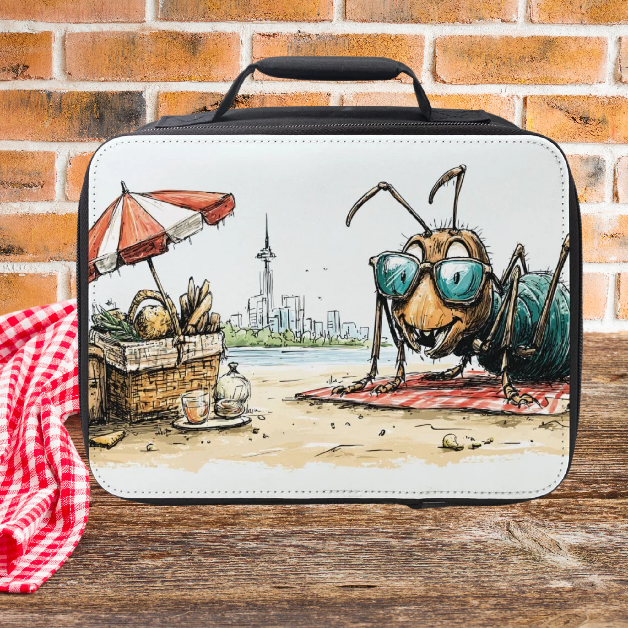 Lunch bag with a cartoon ant design on a wooden picnic table against a brick wall background